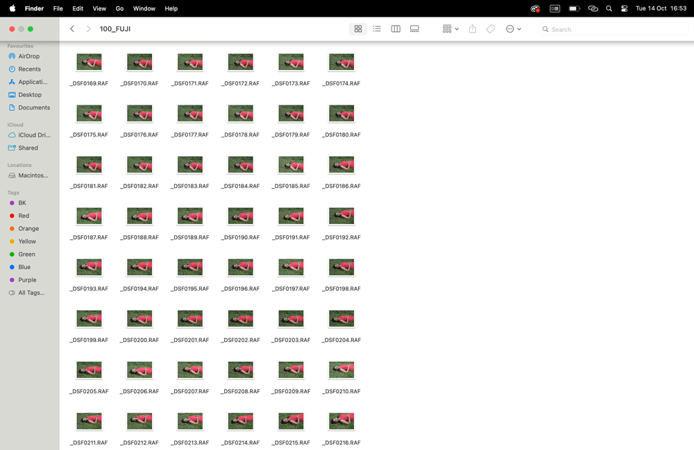 A computer screen showing multiple RAW image previews from a photoshoot, displayed in Finder.