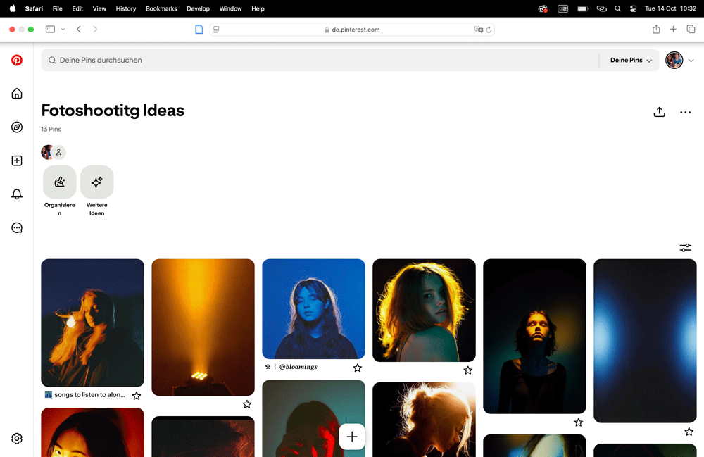 Screenshot of a Pinterest board titled “Fotoshootig Ideas,” showing portrait photography inspiration with colorful lighting and creative poses.